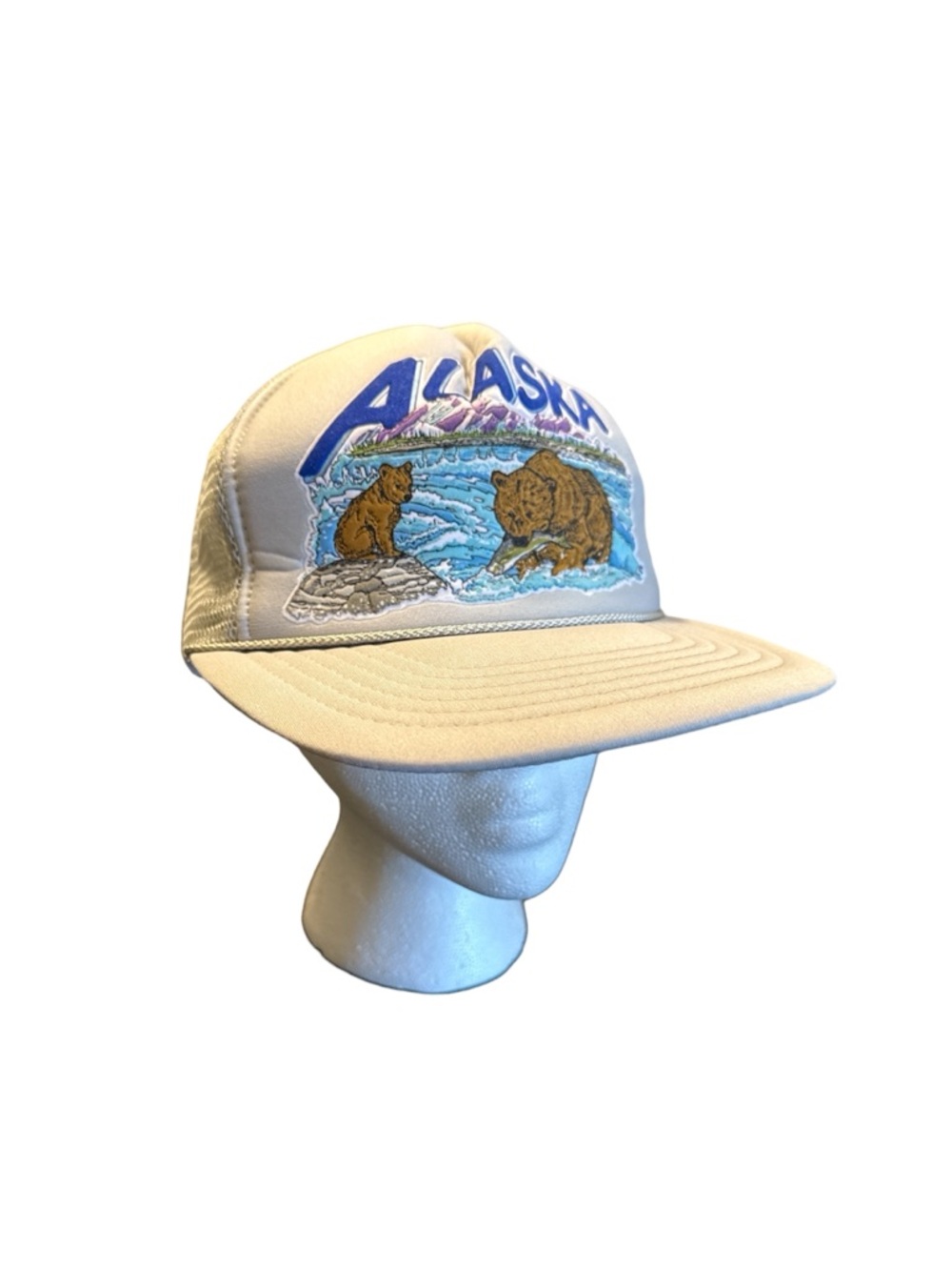 Vintage Alaska Bear Scene Trucker Hat Unisex Grey Blue Purple EUC